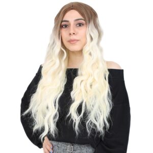 Su Dalgası Uzun Perçemsiz Fiber Sentetik Peruk - Kumral / Platin Ombreli