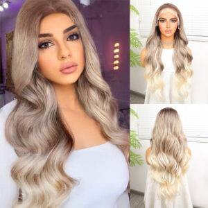 Kumral Platin Ombre ve Röfleli Fiber Sentetik Geniş Dalgalı Tül Peruk