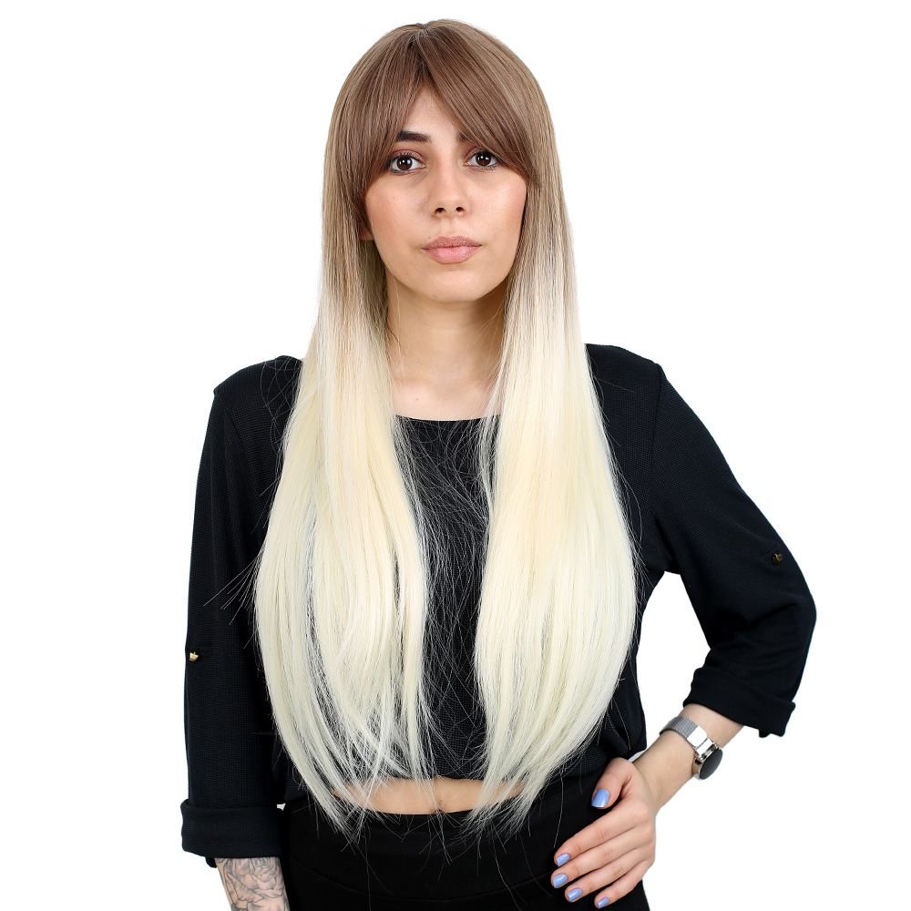 Fiber Sentetik Uzun Düz Kahküllü Peruk - Kumral / Platin Ombreli - Görsel 2