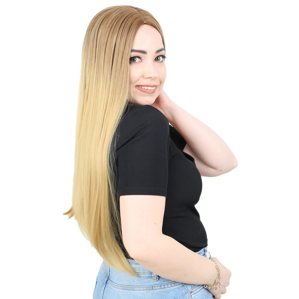 Fiber Sentetik Uzun Düz Peruk - Kumral / Sarı Ombreli - Görsel 2