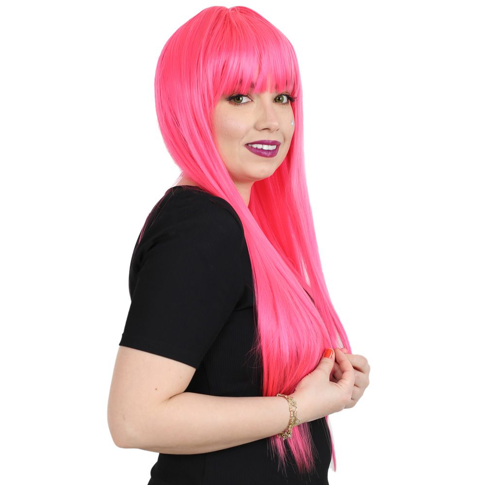 Uzun Kahküllü Fiber Sentetik Peruk - Neon Pembe - Görsel 2