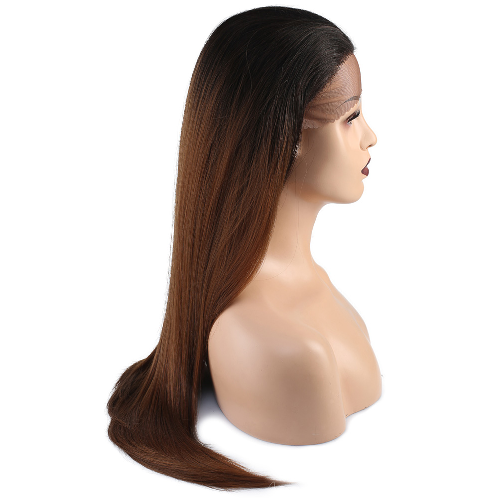 Düz Fiber Sentetik Tül Peruk - Siyah / Karamel Ombreli - Görsel 2