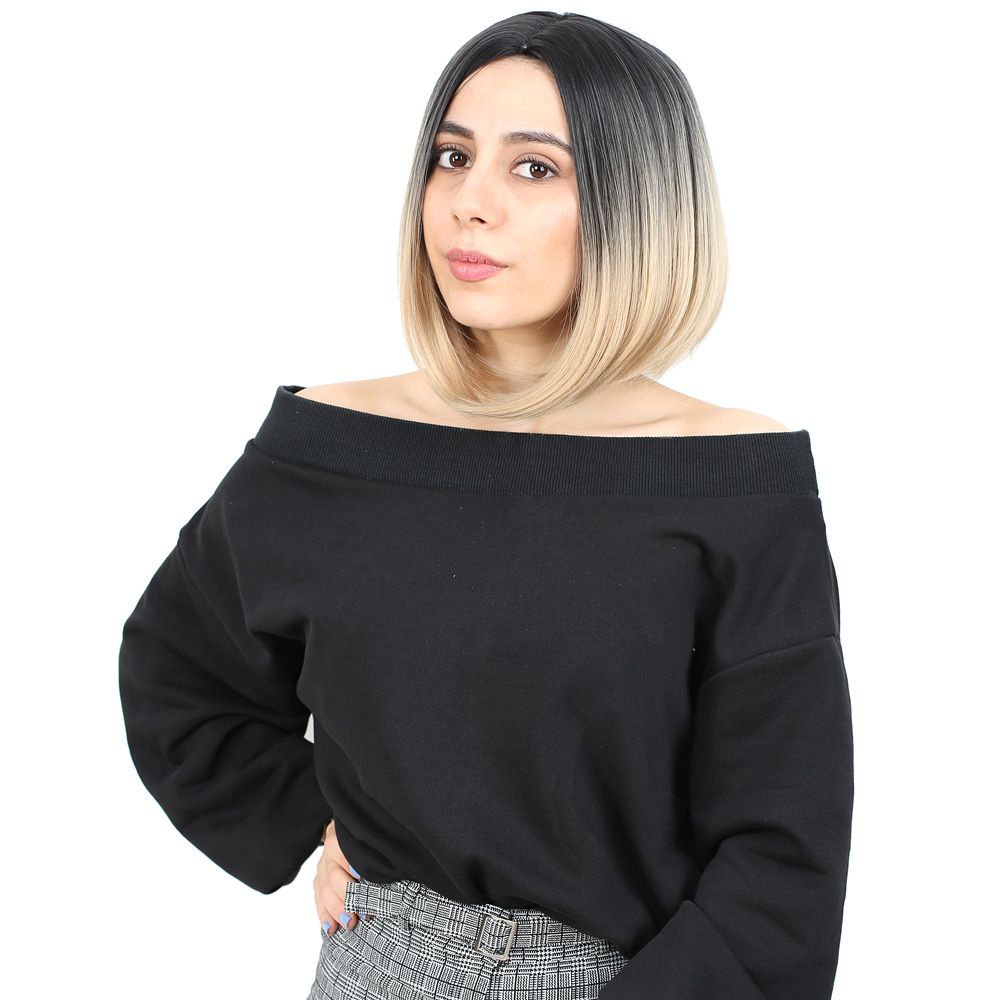 Kahkülsüz Düz Kısa Fiber Sentetik Peruk - Siyah / Balköpüğü Ombreli - Görsel 3
