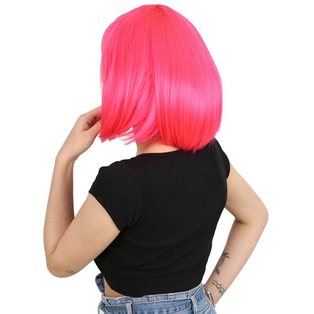 Küt Kahküllü Fiber Sentetik Peruk - Neon Pembe - Görsel 3