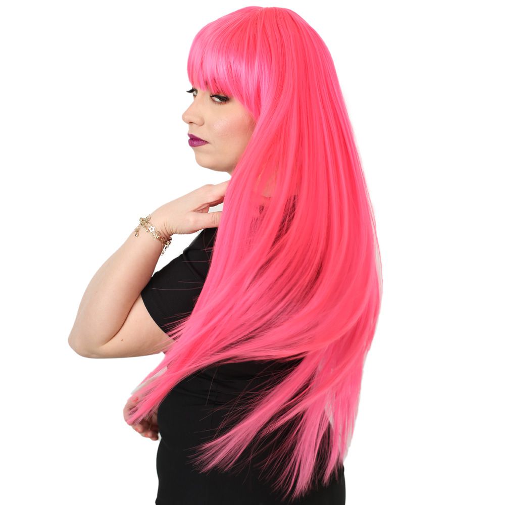 Uzun Kahküllü Fiber Sentetik Peruk - Neon Pembe - Görsel 3