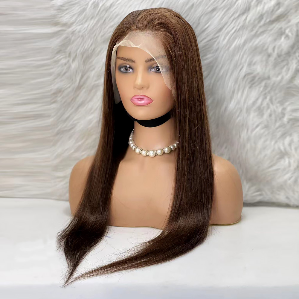 Düz Front Lace Gerçek Tül Peruk - Koyu Kahve - 70-75cm - Görsel 3