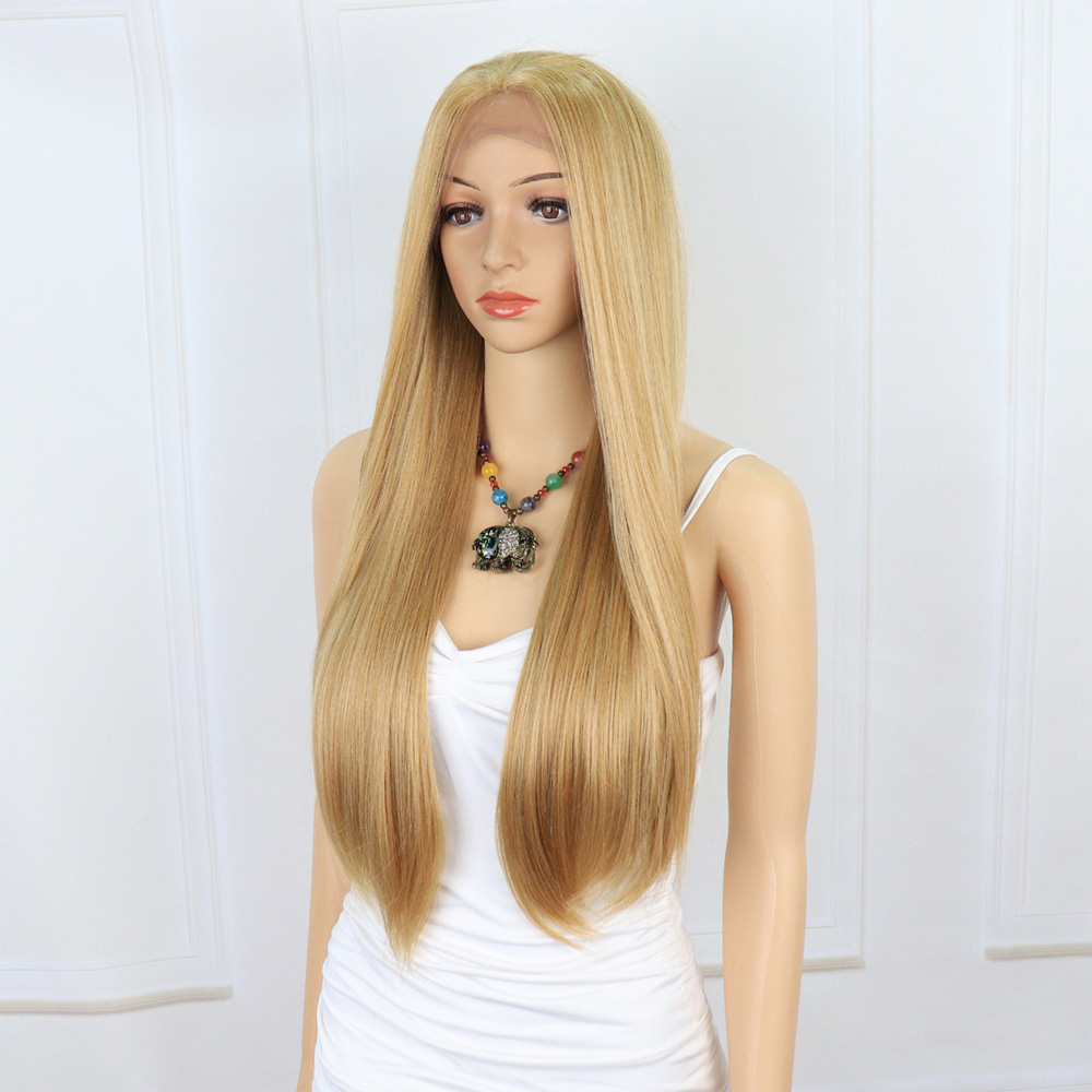 Düz Fiber Sentetik Tül Peruk - Karamel / Platin Röfleli - Görsel 3