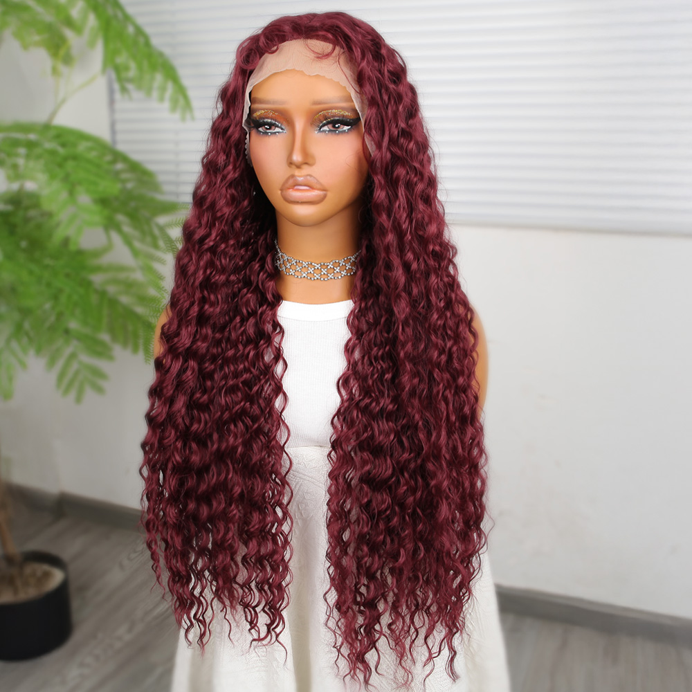 Afro Dalga Koyu Kızıl Fiber Sentetik T Tül Peruk - Görsel 3