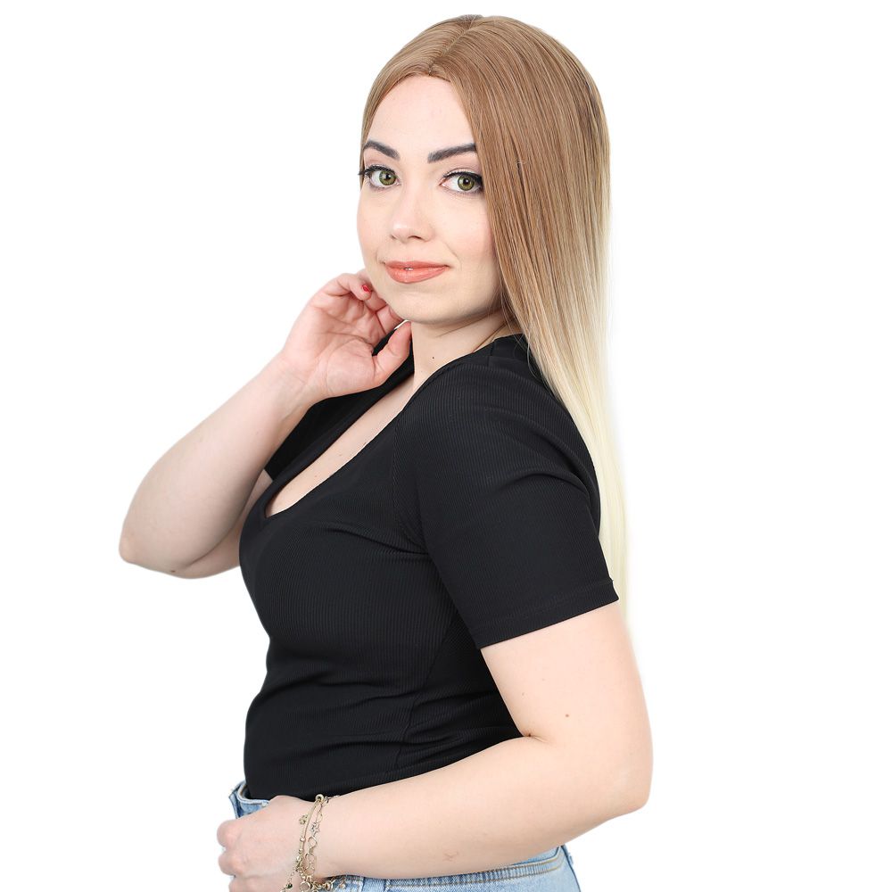 Fiber Sentetik Uzun Düz Peruk - Balköpüğü / Platin Ombreli - Görsel 3