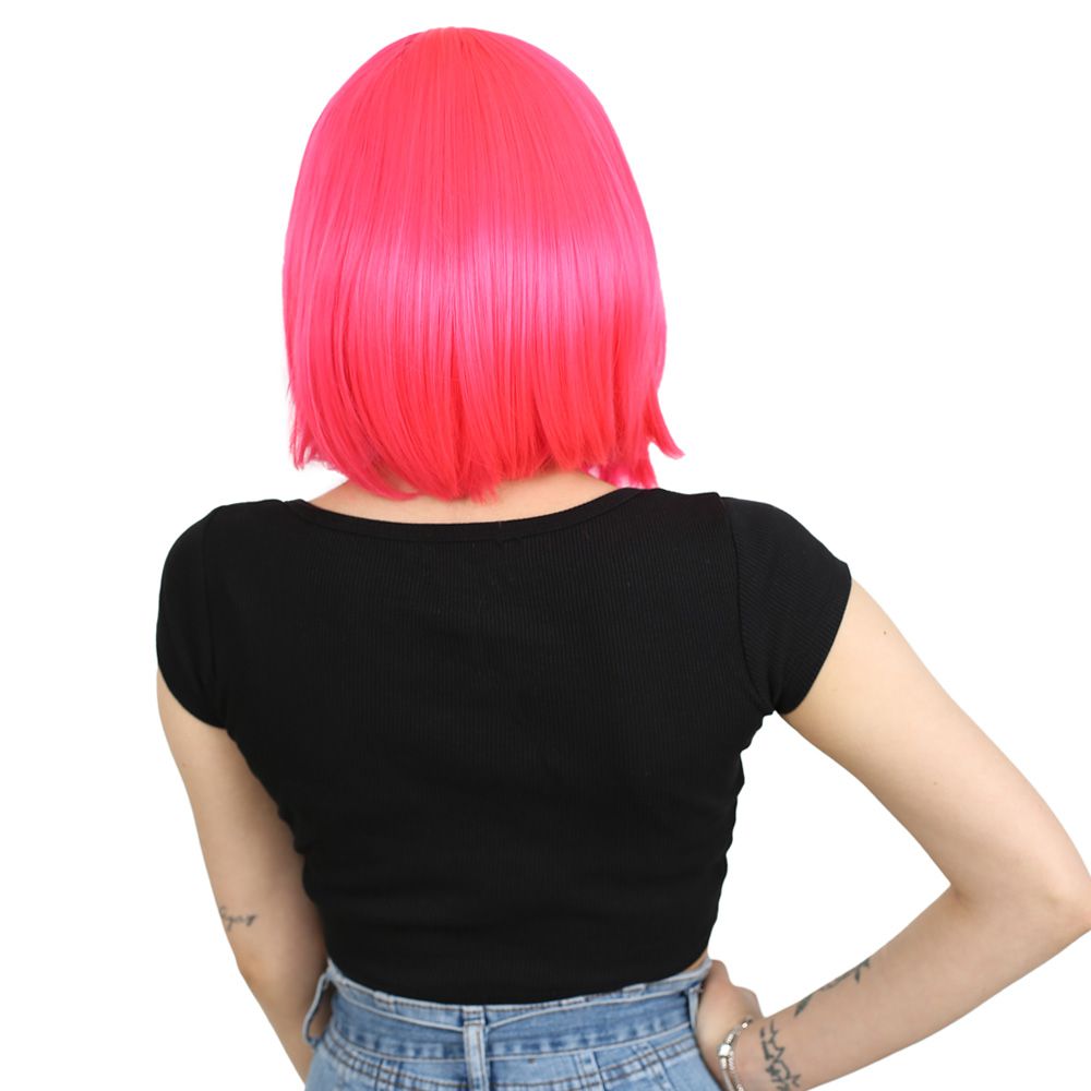 Küt Kahküllü Fiber Sentetik Peruk - Neon Pembe - Görsel 4