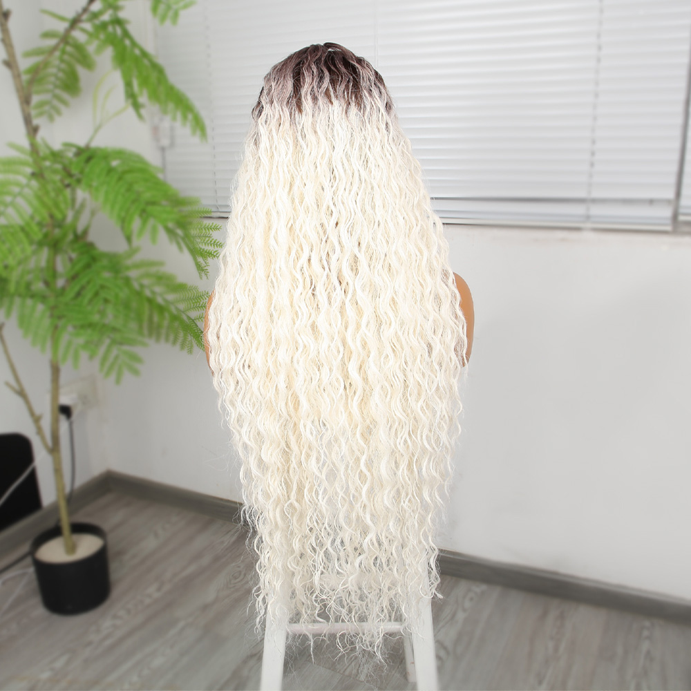 Afro Dalga Kumral Beyaz Platin Ombre Fiber Sentetik Tül Peruk - Görsel 4