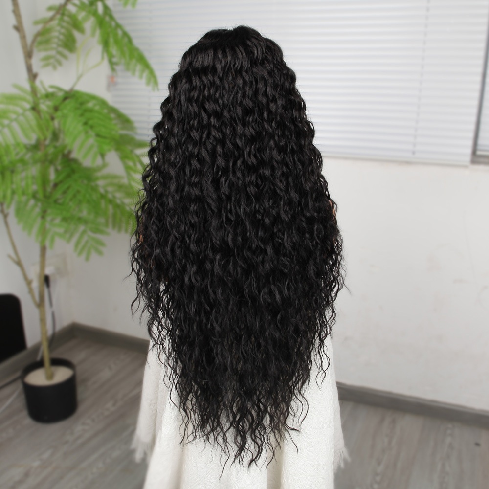 Ekstra Uzun Yoğun Afro Dalga Siyah Fiber Sentetik Geniş T Tül Peruk - Görsel 4