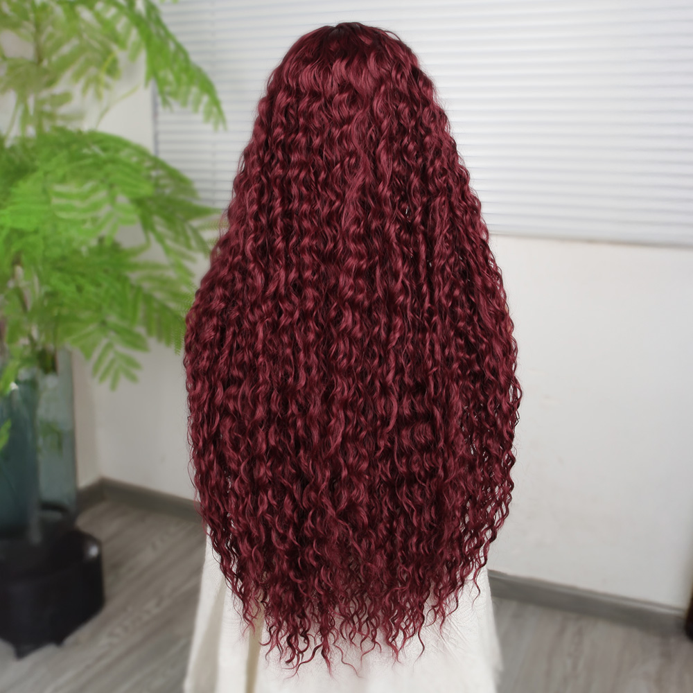 Afro Dalga Koyu Kızıl Fiber Sentetik T Tül Peruk - Görsel 4
