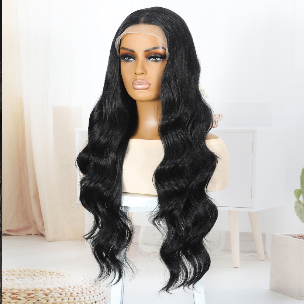 Siyah Fiber Sentetik Su Dalgalı Tül Peruk - Görsel 4