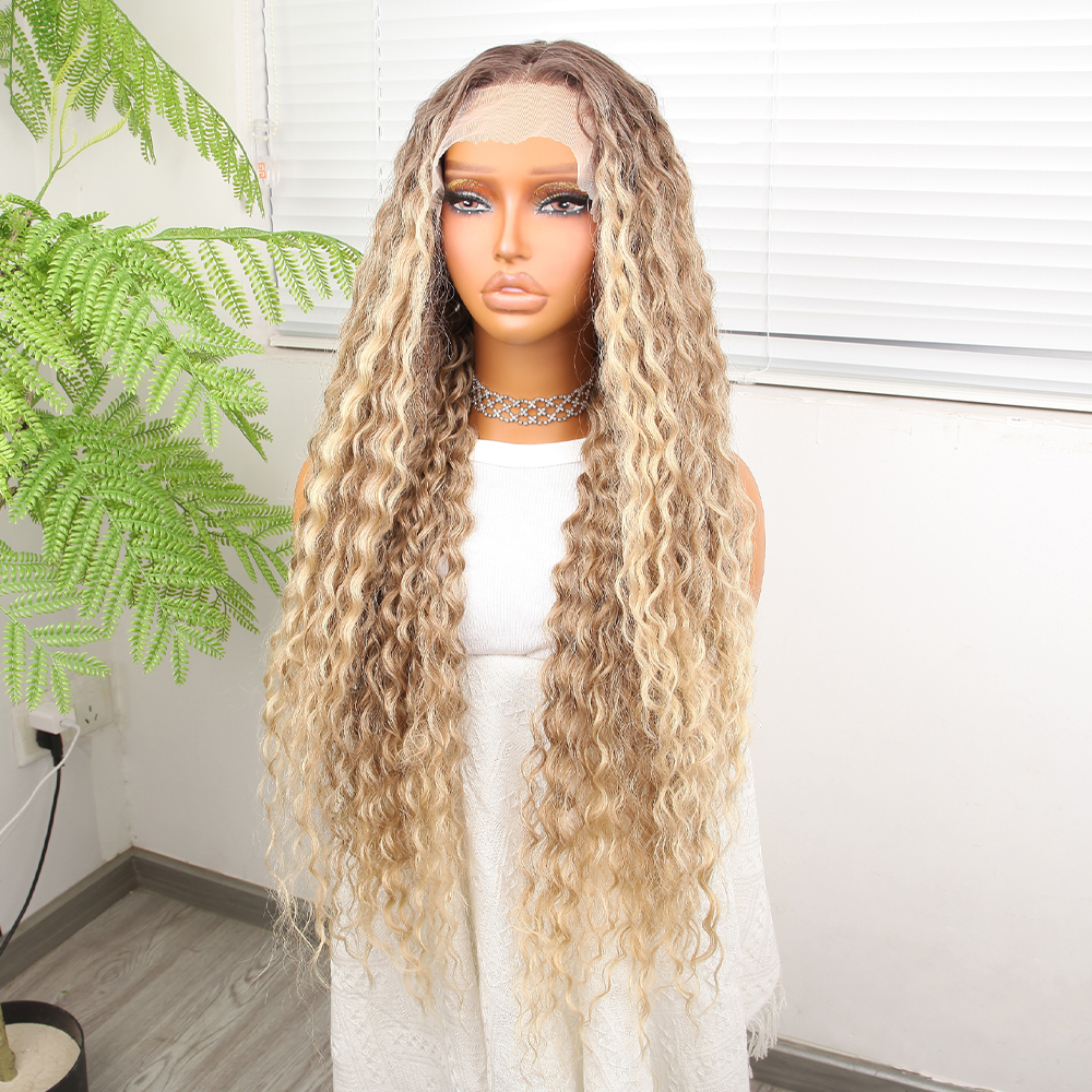 Afro Dalga Kumral Balköpüğü Ombre ve Röfleli Fiber Sentetik Tül Peruk - Görsel 4