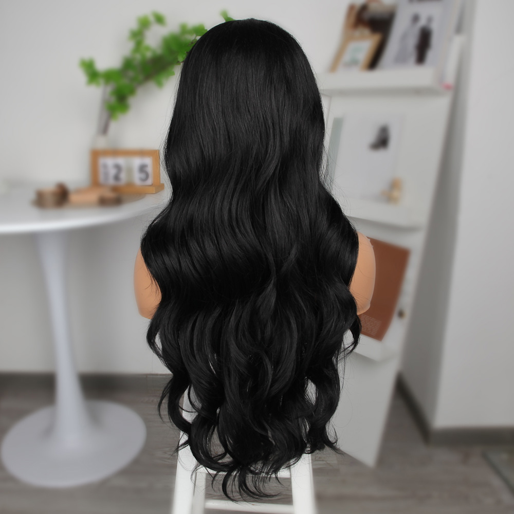 Siyah Fiber Sentetik Geniş Dalgalı Tül Peruk - Görsel 5