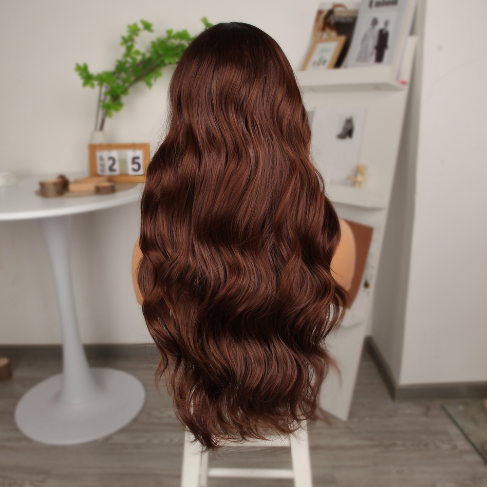 Kahve Karamel Geniş Dalgalı Fiber Sentetik Tül Peruk - Görsel 5